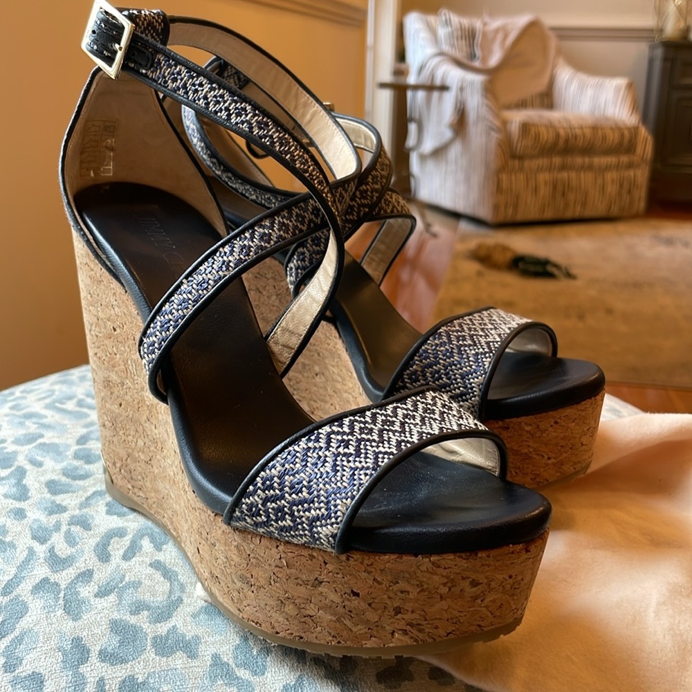 Jimmy Choo Portia Wedge Sandals Navy Cork Two-Tone Leather Size 38 EU Chic Style